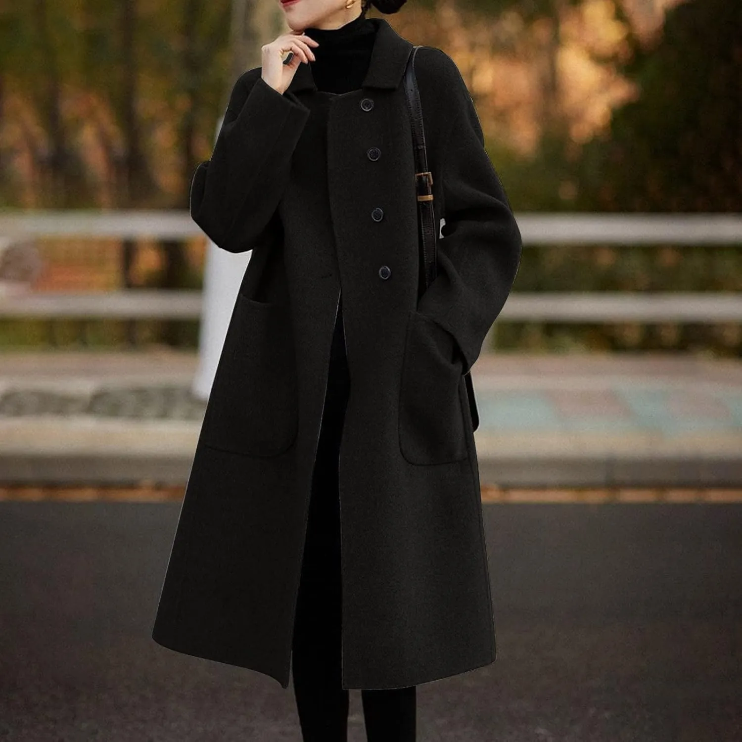 Long Trench Coats for Women Wool Blend Pea Coat with Pocket Elegant Winter Jacket Breasted Coats