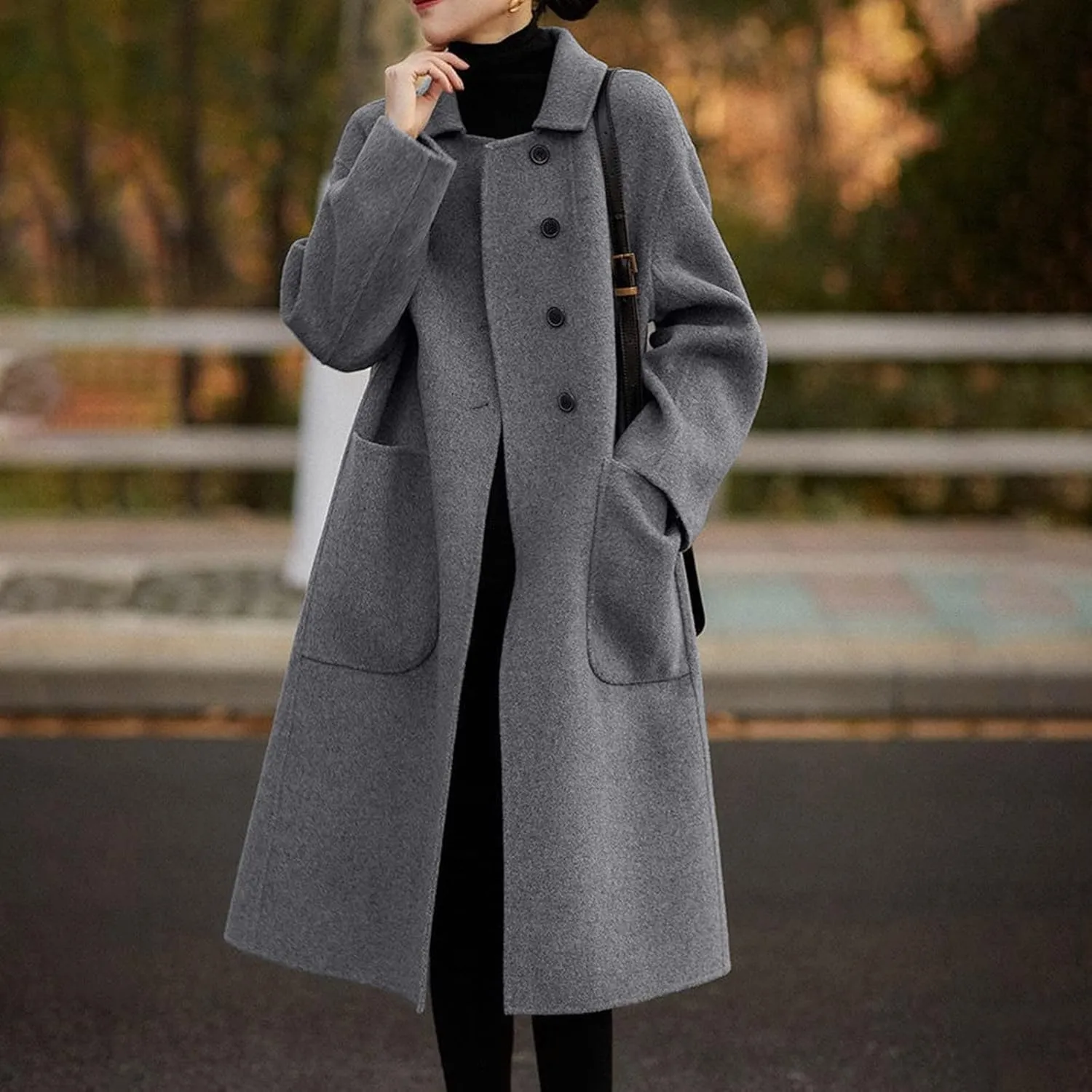 Long Trench Coats for Women Wool Blend Pea Coat with Pocket Elegant Winter Jacket Breasted Coats