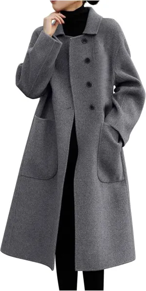 Long Trench Coats for Women Wool Blend Pea Coat with Pocket Elegant Winter Jacket Breasted Coats