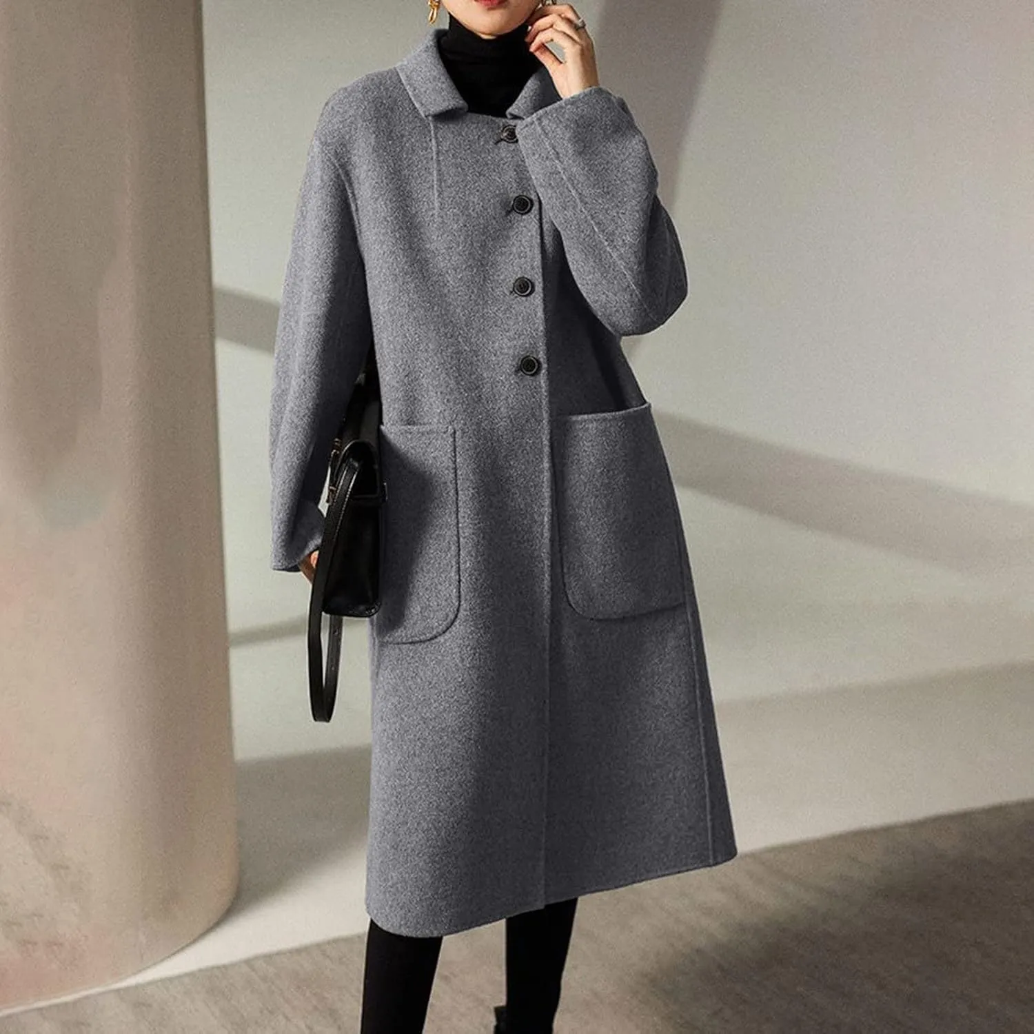 Long Trench Coats for Women Wool Blend Pea Coat with Pocket Elegant Winter Jacket Breasted Coats