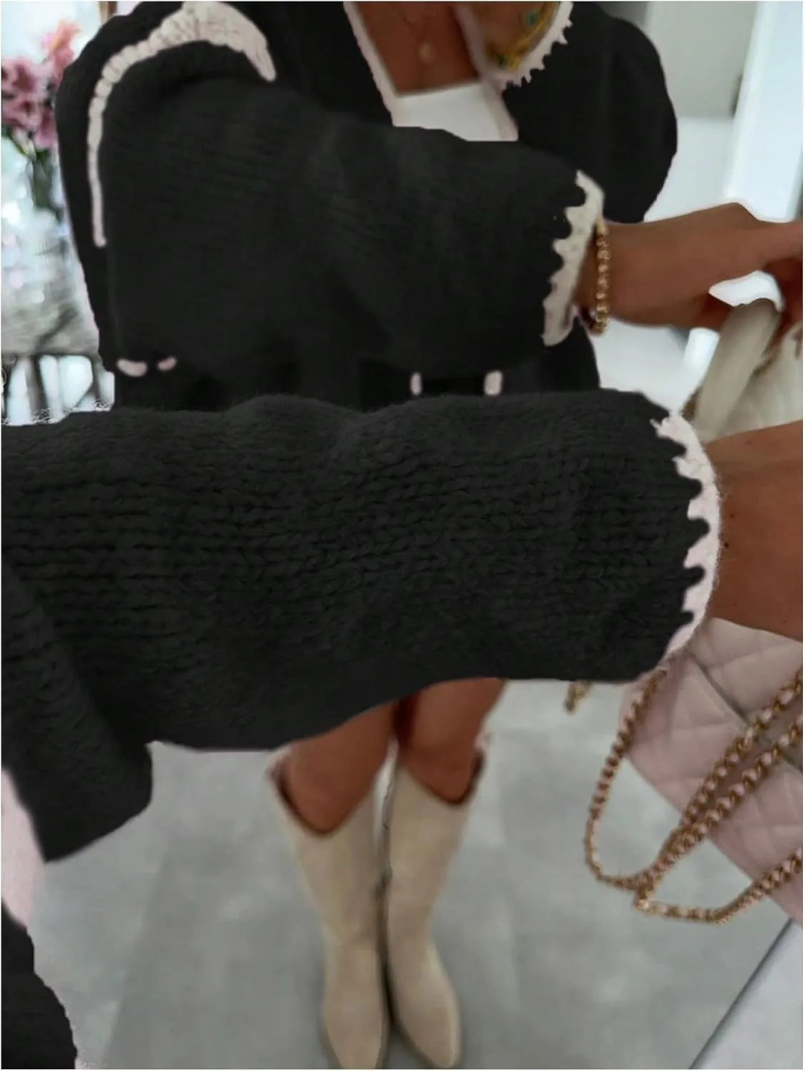 MakeMeChic Women's Open Front Lantern Long Sleeve Cardigan Sweater Chunky Knit Oversized Cardigans