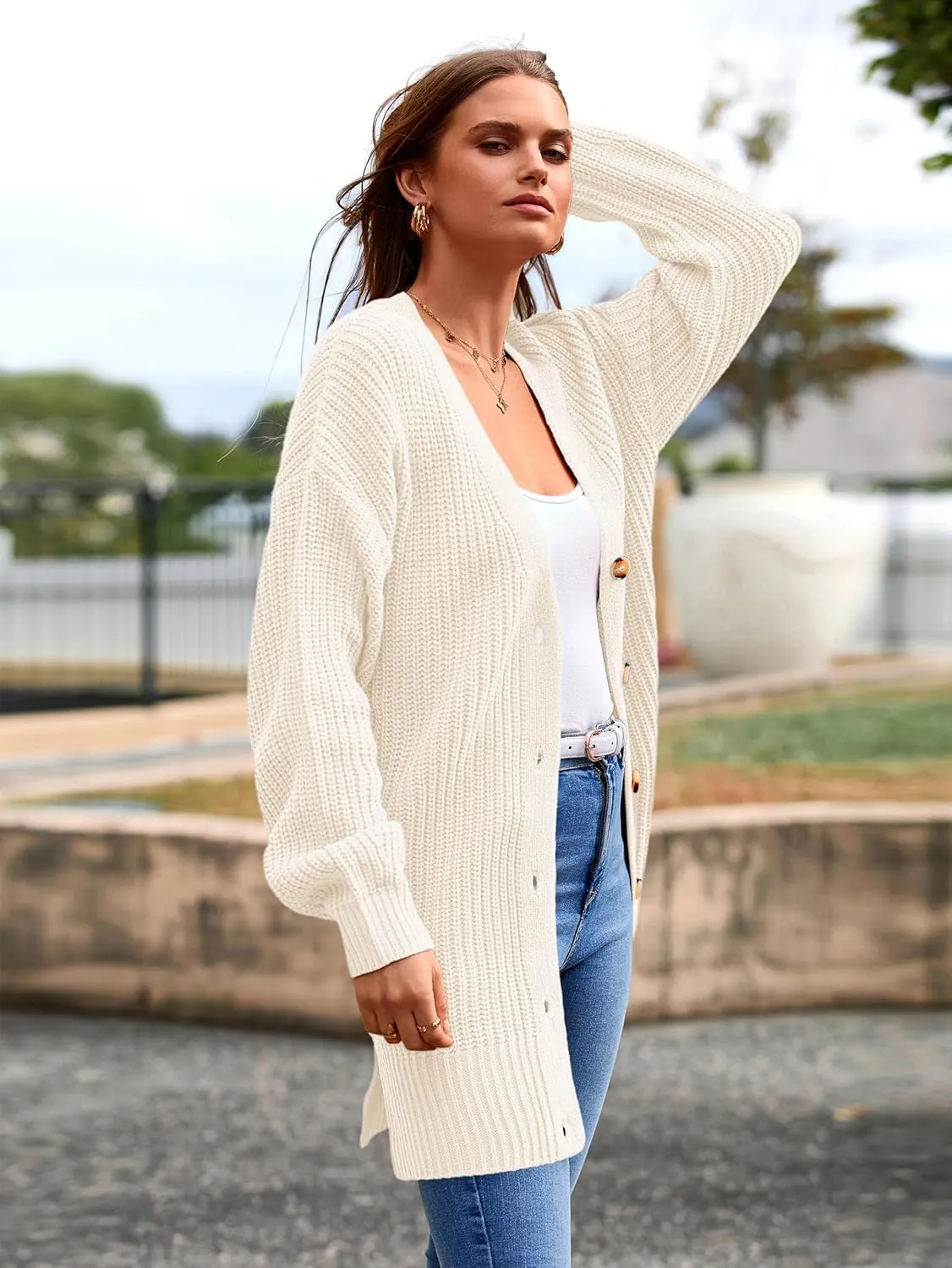MASCOMODA Women's Long Sleeve Oversized Cable Knit Sweater Cardigan 2024 Fall Open Front Button Down Chunky Knit Outwear Coat