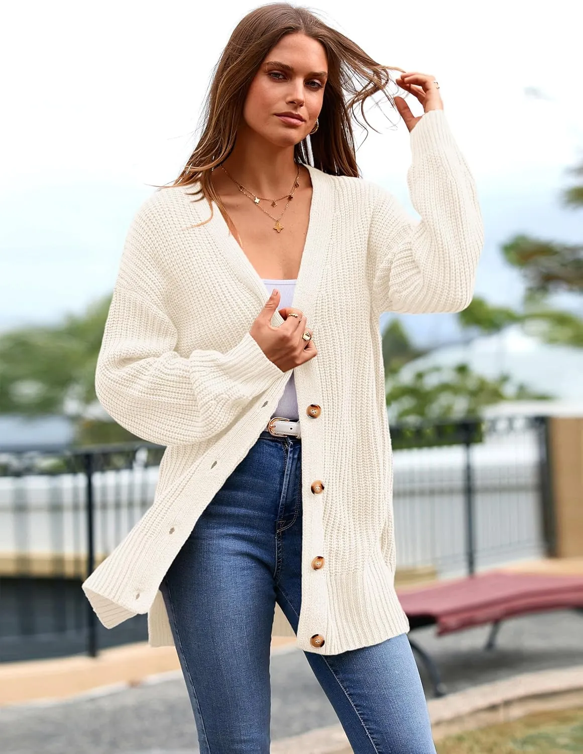 MASCOMODA Women's Long Sleeve Oversized Cable Knit Sweater Cardigan 2024 Fall Open Front Button Down Chunky Knit Outwear Coat