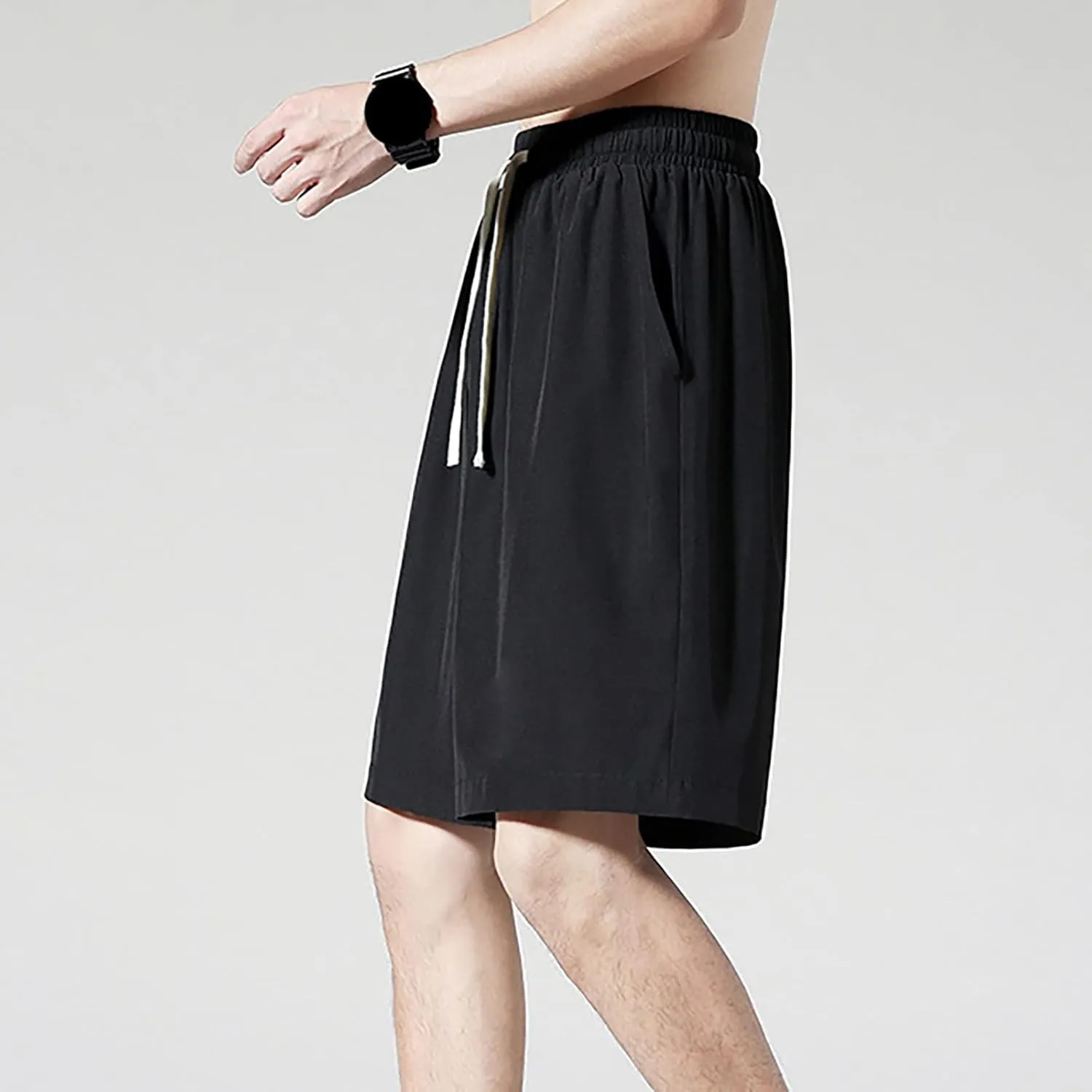 Men Casual Shorts Elastic Waist Drawstring Shorts Stretch Summer Beach Shorts with Pockets
