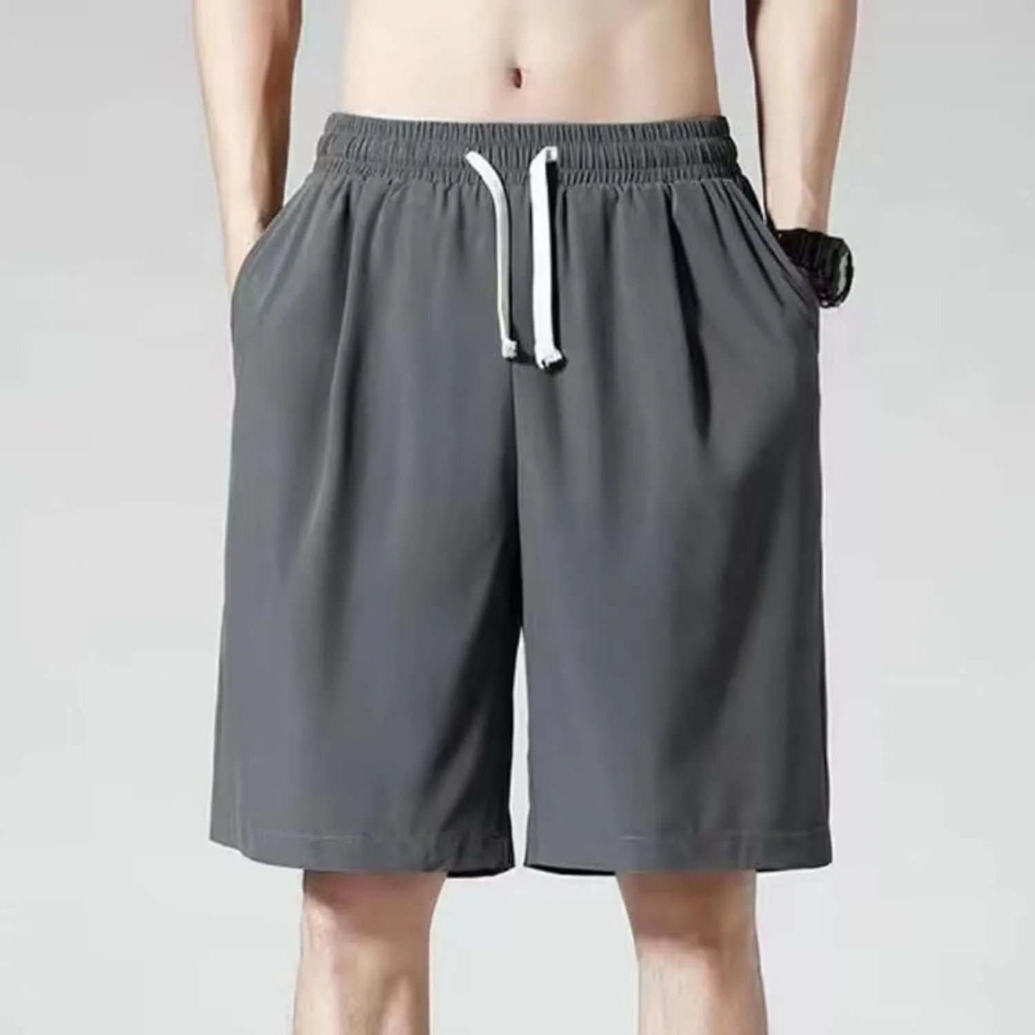 Men Casual Shorts Elastic Waist Drawstring Shorts Stretch Summer Beach Shorts with Pockets