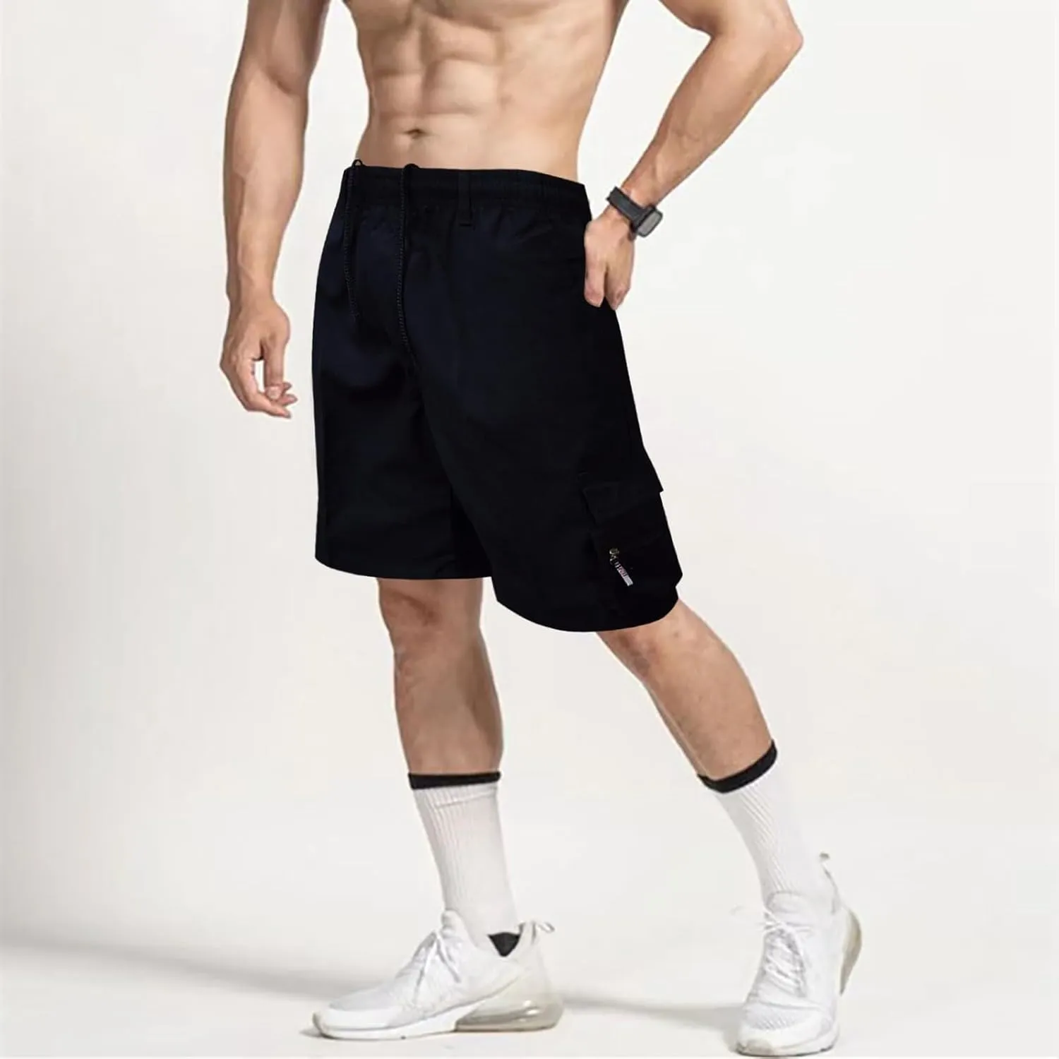 Men Casual Shorts Elastic Waist Drawstring Shorts Stretch Summer Beach Shorts with Pockets