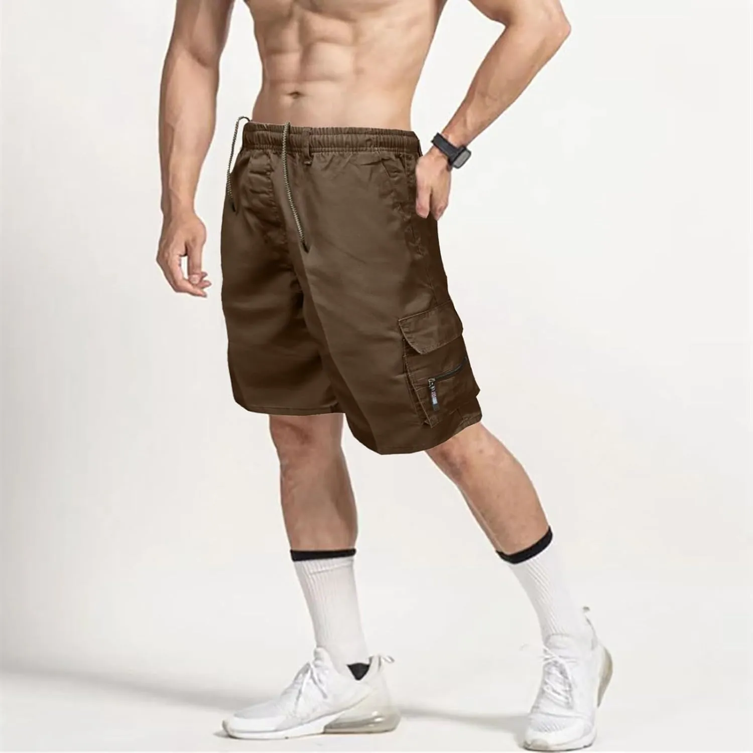 Men Casual Shorts Elastic Waist Drawstring Shorts Stretch Summer Beach Shorts with Pockets