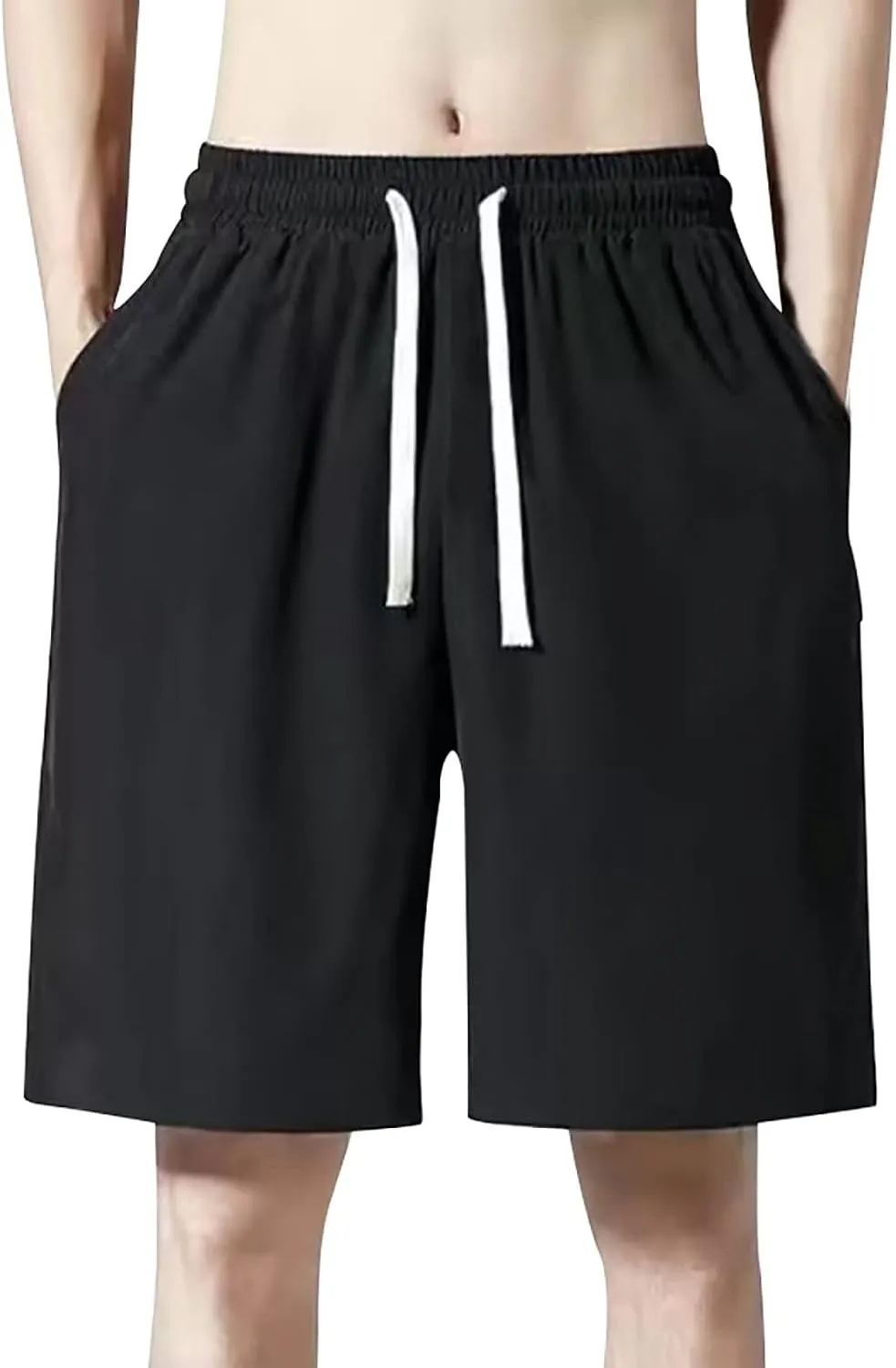 Men Casual Shorts Elastic Waist Drawstring Shorts Stretch Summer Beach Shorts with Pockets