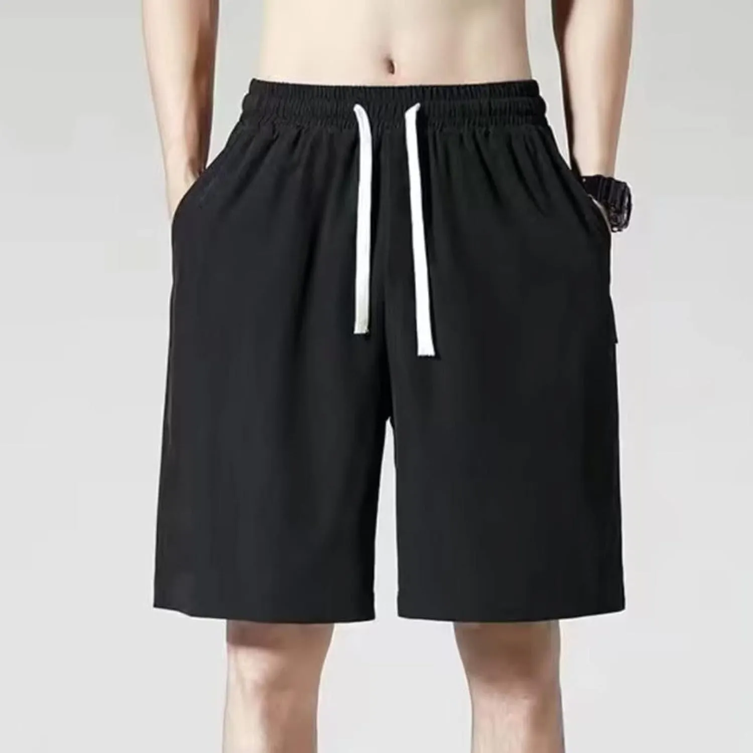 Men Casual Shorts Elastic Waist Drawstring Shorts Stretch Summer Beach Shorts with Pockets