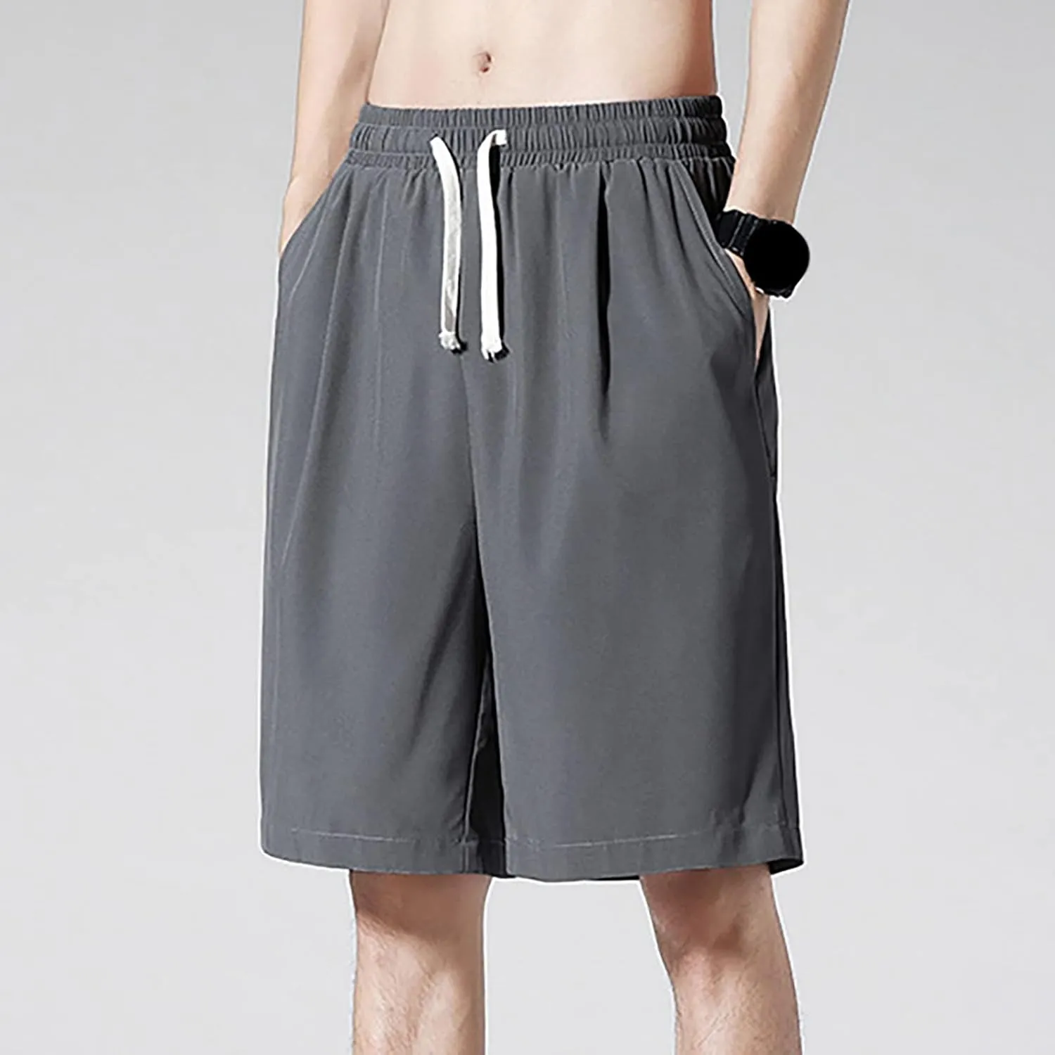 Men Casual Shorts Elastic Waist Drawstring Shorts Stretch Summer Beach Shorts with Pockets
