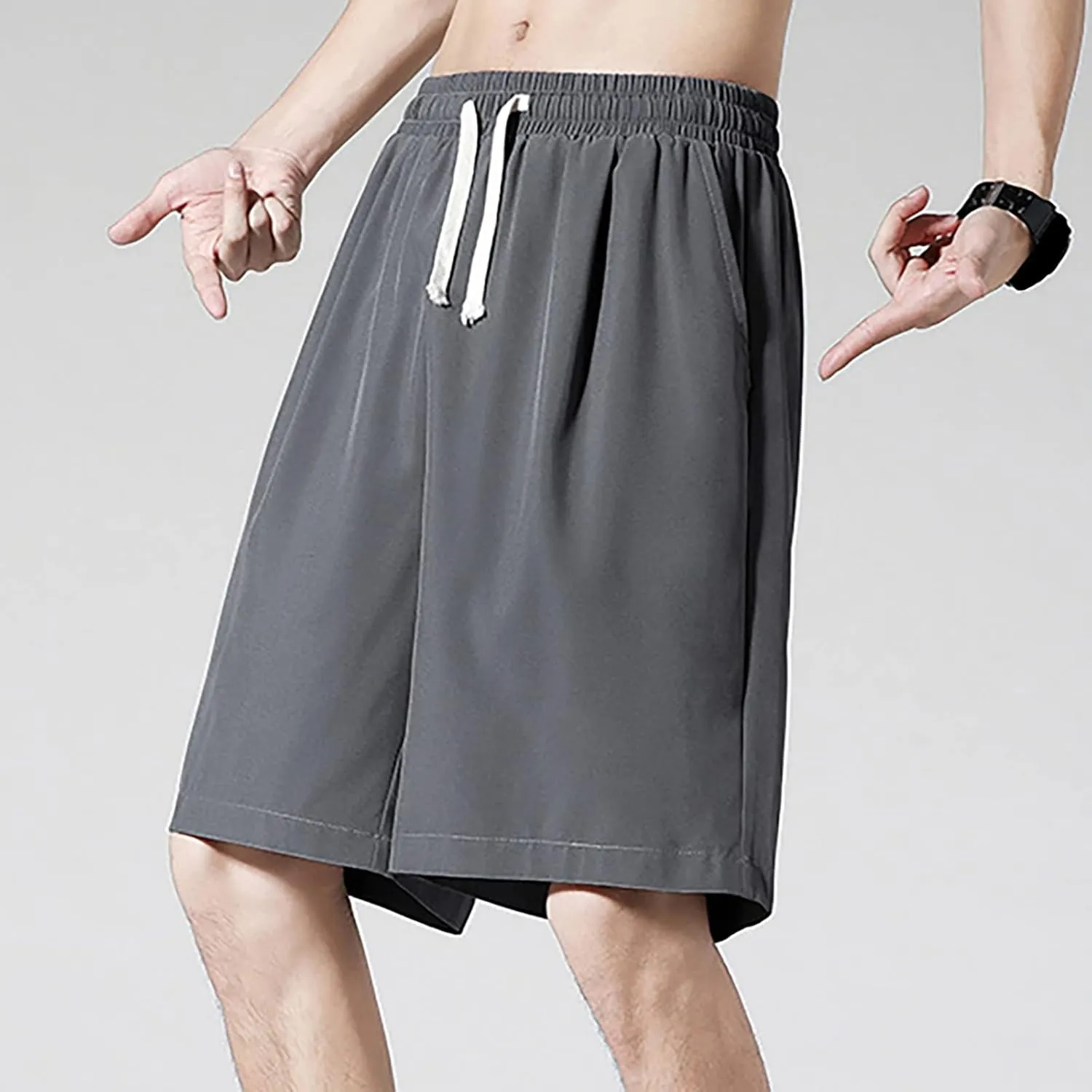 Men Casual Shorts Elastic Waist Drawstring Shorts Stretch Summer Beach Shorts with Pockets