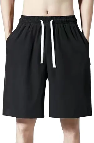 Men Casual Shorts Elastic Waist Drawstring Shorts Stretch Summer Beach Shorts with Pockets