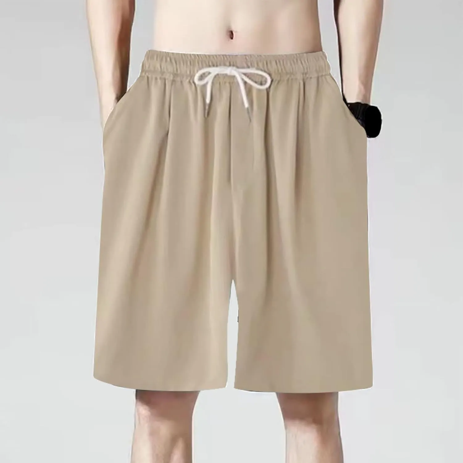 Men Casual Shorts Elastic Waist Drawstring Shorts Stretch Summer Beach Shorts with Pockets