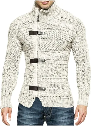 Men Turtleneck Sweater Vintage Button Chunky Knit Temperament Cardigan Jacket Zipper up Stand Collar Knitwear Tops