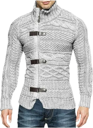 Men Turtleneck Sweater Vintage Button Chunky Knit Temperament Cardigan Jacket Zipper up Stand Collar Knitwear Tops