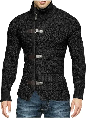 Men Turtleneck Sweater Vintage Button Chunky Knit Temperament Cardigan Jacket Zipper up Stand Collar Knitwear Tops