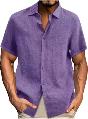 Mens Button Down Shirt Short Sleeve Casual Cotton Linen Tops Summer Beach Baggy V-Neck Tee Top 2024 Trendy Clothes