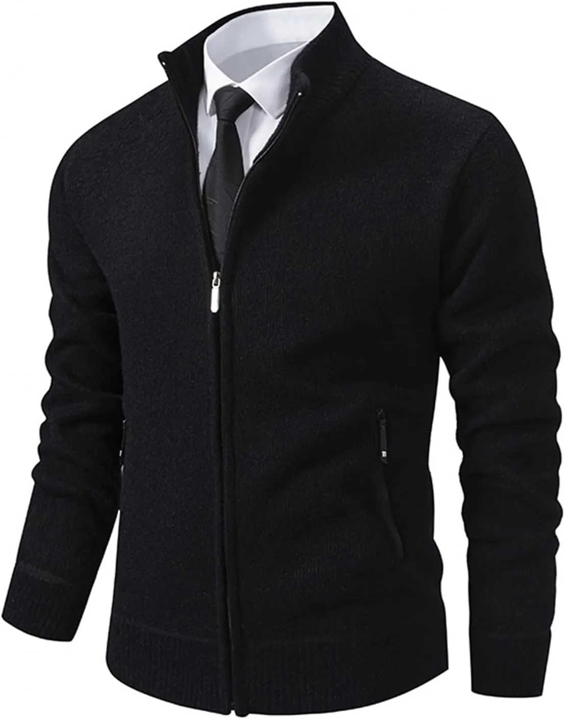 Men's Cardigan Jackets Full Zip Up Stand Collar Slim Fit Cable Knitted Sweaters Long Sleeve Slim Fit Sweater Coat