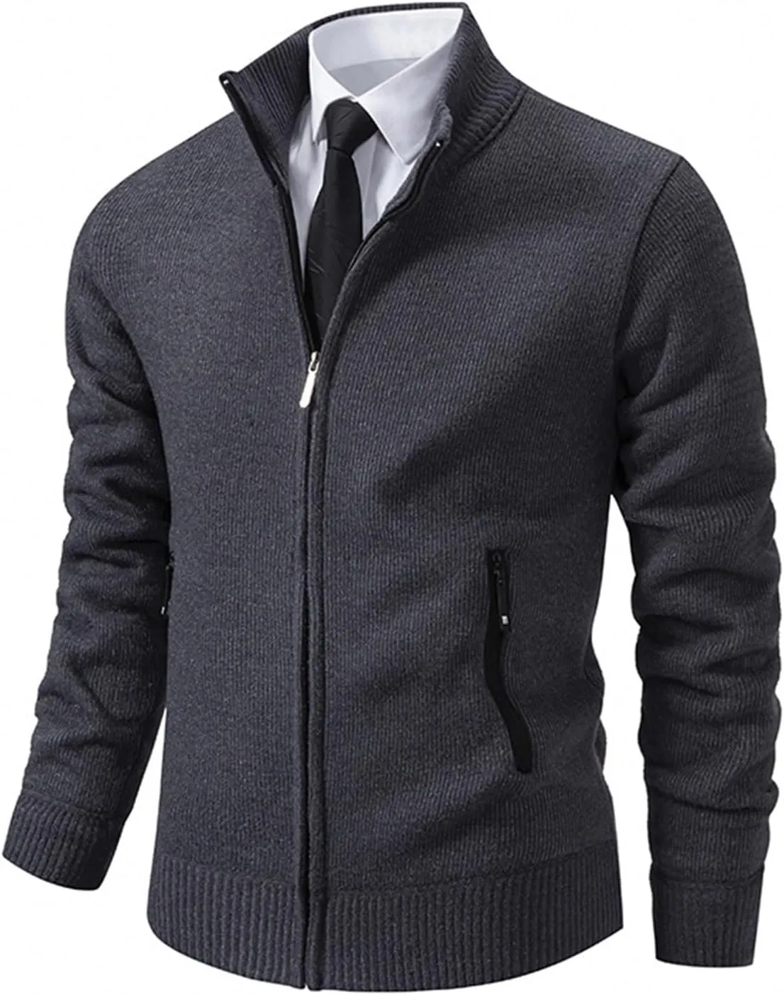 Men's Cardigan Jackets Full Zip Up Stand Collar Slim Fit Cable Knitted Sweaters Long Sleeve Slim Fit Sweater Coat