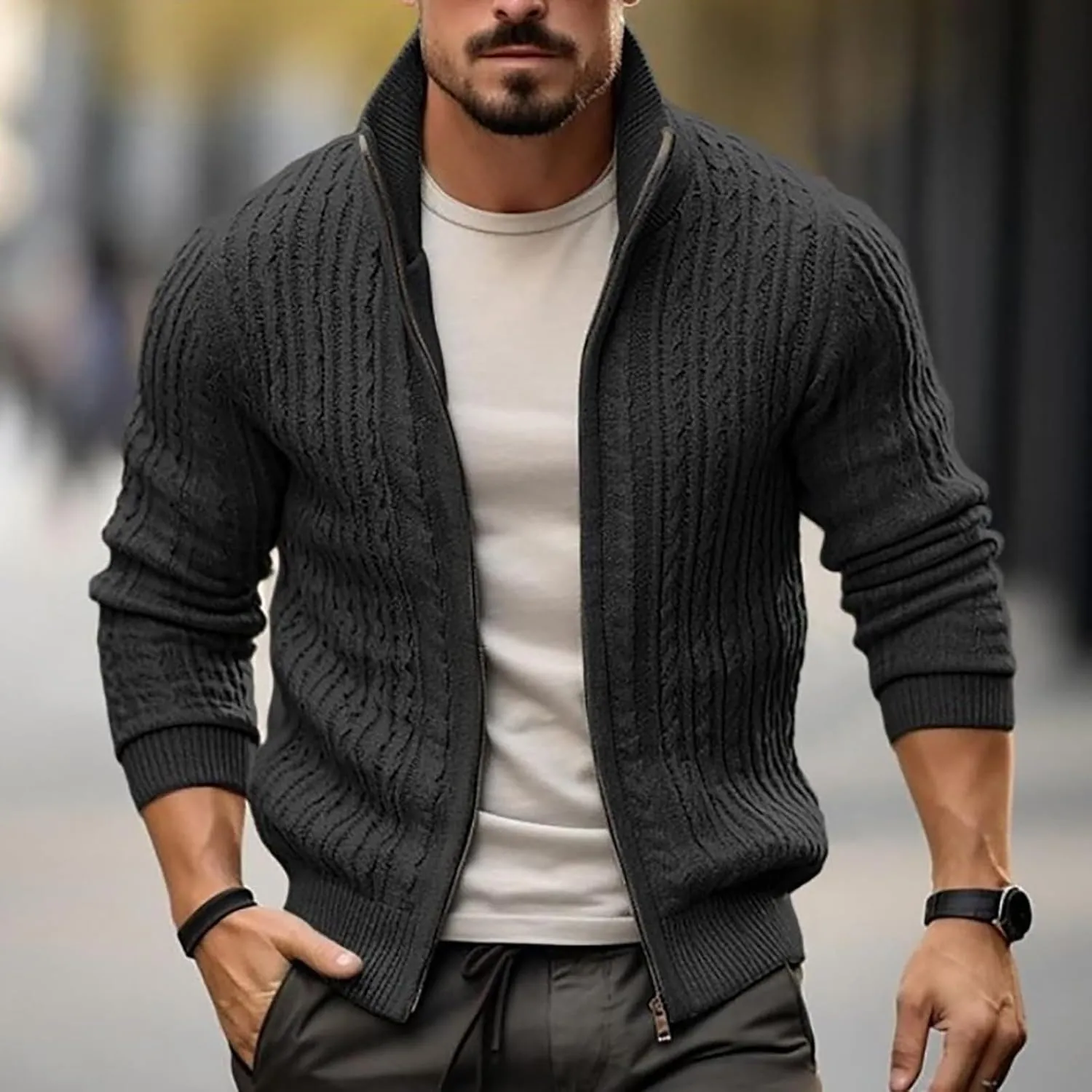 Men's Cardigan Jackets Full Zip Up Stand Collar Slim Fit Cable Knitted Sweaters Long Sleeve Slim Fit Sweater Coat