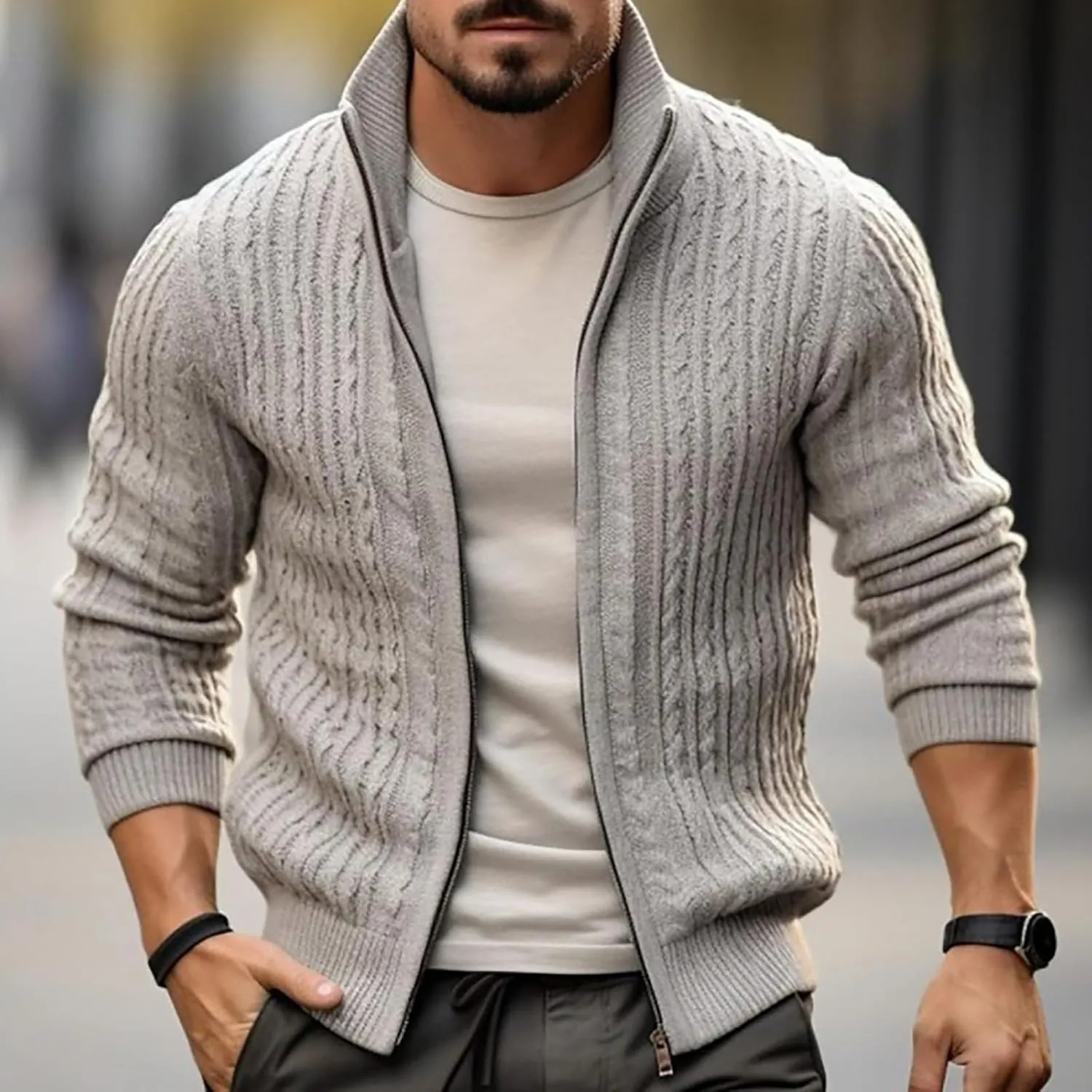 Men's Cardigan Jackets Full Zip Up Stand Collar Slim Fit Cable Knitted Sweaters Long Sleeve Slim Fit Sweater Coat