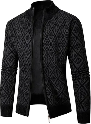 Men's Cardigan Jackets Full Zip Up Stand Collar Slim Fit Cable Knitted Sweaters Long Sleeve Slim Fit Sweater Coat