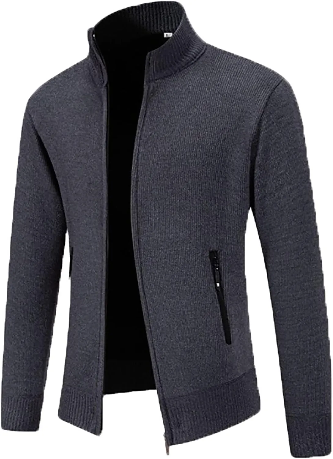 Men's Cardigan Jackets Full Zip Up Stand Collar Slim Fit Cable Knitted Sweaters Long Sleeve Slim Fit Sweater Coat