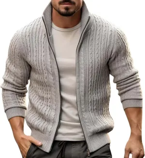 Men's Cardigan Jackets Full Zip Up Stand Collar Slim Fit Cable Knitted Sweaters Long Sleeve Slim Fit Sweater Coat