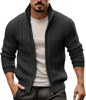 Men's Cardigan Jackets Full Zip Up Stand Collar Slim Fit Cable Knitted Sweaters Long Sleeve Slim Fit Sweater Coat
