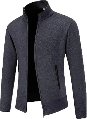 Men's Cardigan Jackets Full Zip Up Stand Collar Slim Fit Cable Knitted Sweaters Long Sleeve Slim Fit Sweater Coat