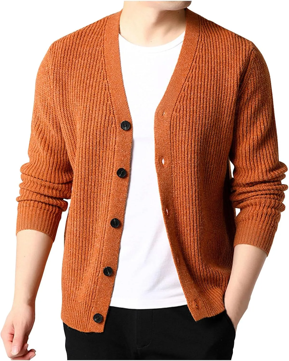 Men's Cardigan Sweater Fashion Solid Color Button Down Slim Jacket V-Neck Long Sleeves Casual Knitwear Coat Tops
