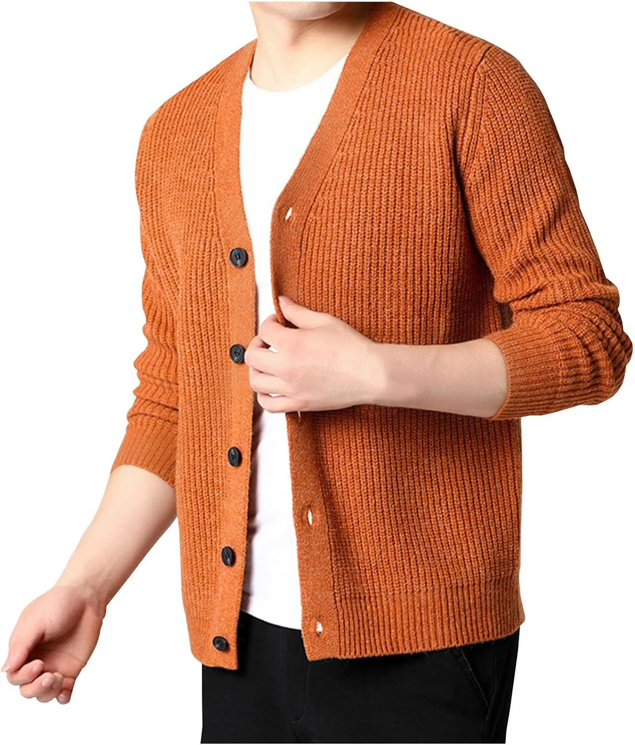 Men's Cardigan Sweater Fashion Solid Color Button Down Slim Jacket V-Neck Long Sleeves Casual Knitwear Coat Tops
