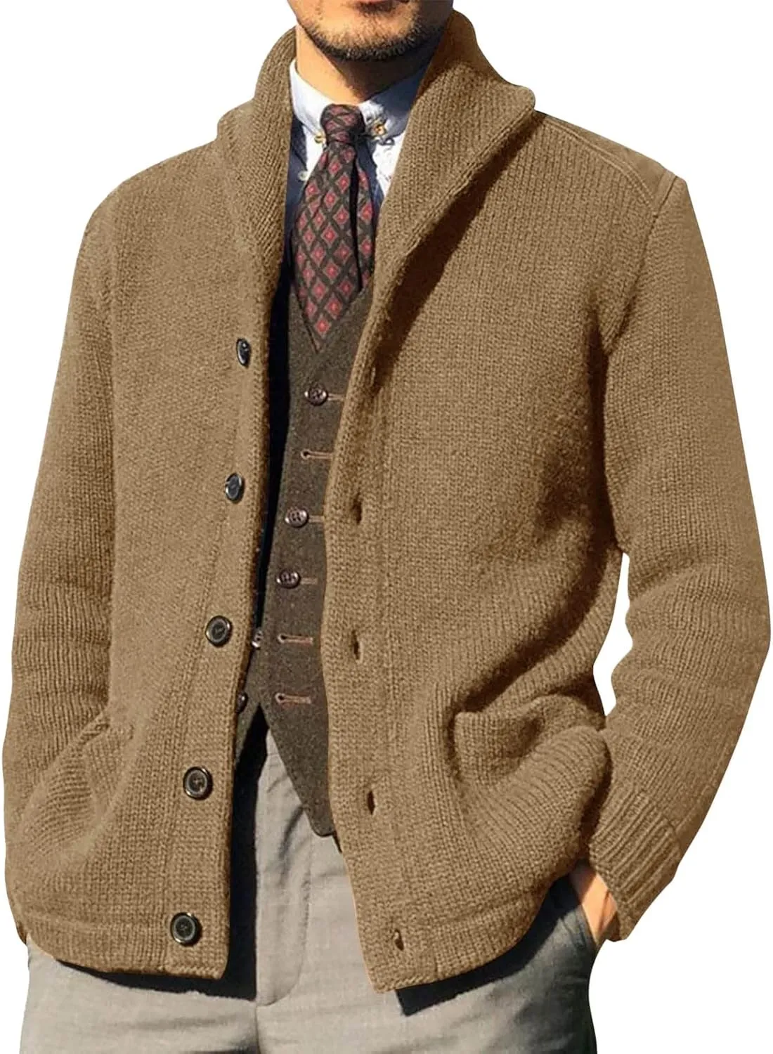 Men's Cardigan Sweater Long Sleeve Wool Blend Casual V Neck Button Down Knitted Sweater with Pockets