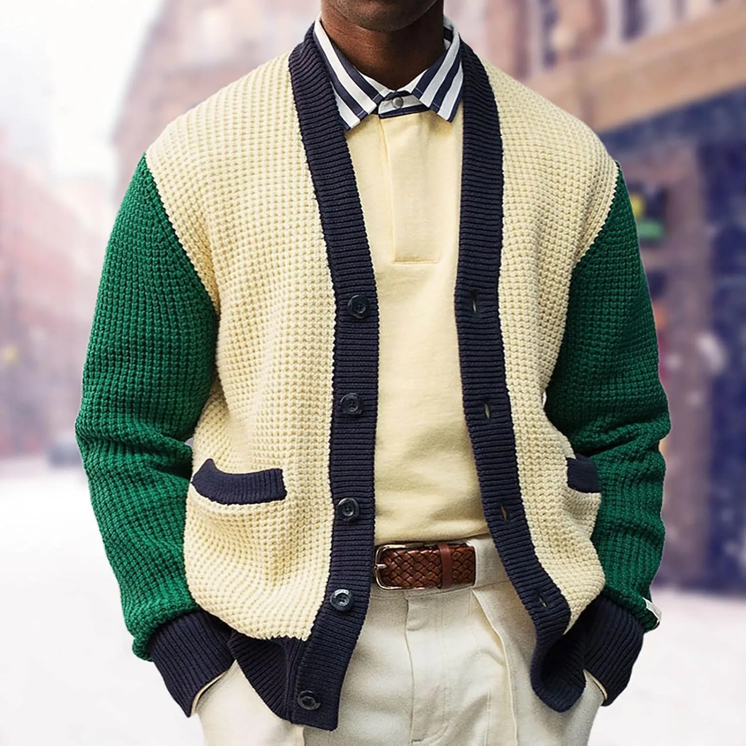 Men's Cardigan Sweaters Cable Knit Sweater Button Down Cardigan Color Block Sweater Open Front Cardigan Fashion Jackets