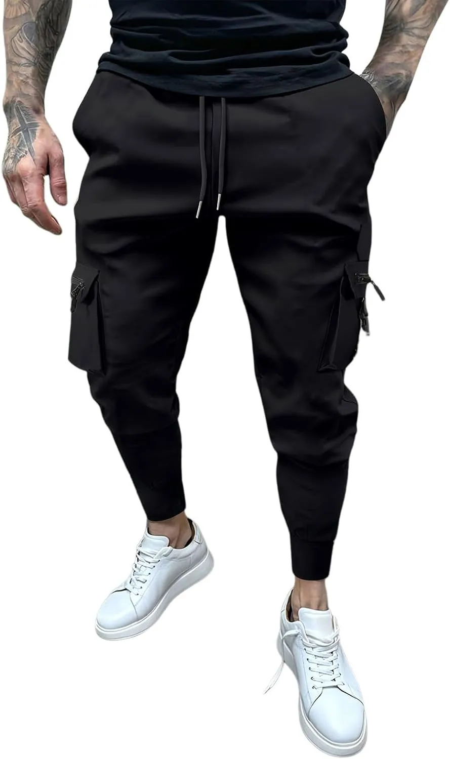 Men's Cargo Jogger Pants Stretch Sweatpants Slim Fit Tactical Pants with Zipper Pockets Casual Trousers Men's Casual Slim Fit Pants Skinny Stretch Dress Slacks #06- Black Medium