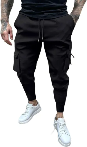 Men's Cargo Jogger Pants Stretch Sweatpants Slim Fit Tactical Pants with Zipper Pockets Casual Trousers Men's Casual Slim Fit Pants Skinny Stretch Dress Slacks #06- Black Medium