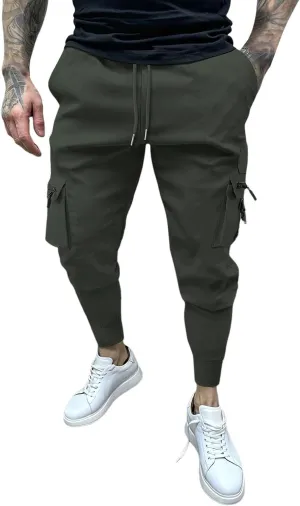 Men's Cargo Jogger Pants Stretch Sweatpants Slim Fit Tactical Pants with Zipper Pockets Casual Trousers Men's Casual Slim Fit Pants Skinny Stretch Dress Slacks #07- Green Small