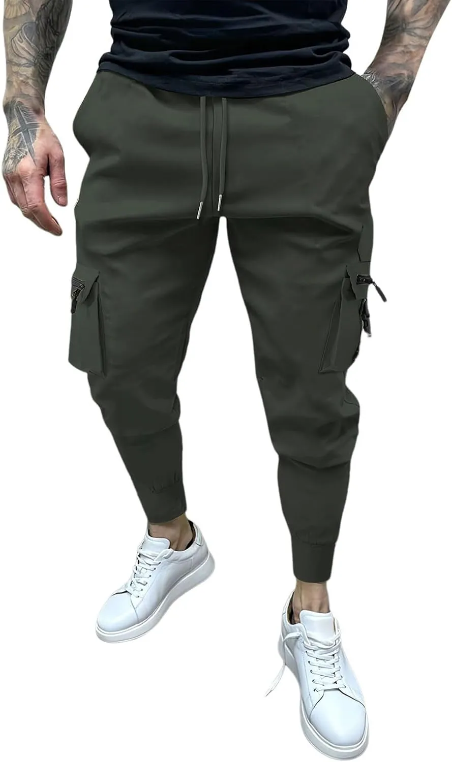 Men's Cargo Jogger Pants Stretch Sweatpants Slim Fit Tactical Pants with Zipper Pockets Casual Trousers Men's Casual Slim Fit Pants Skinny Stretch Dress Slacks #07- Green Small