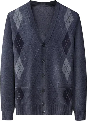 Men's Casual Argyle Cardigan Sweaters Button Up Wool Blend Jacket V Neck Soft Knitted Plaid Pockets Sweaters