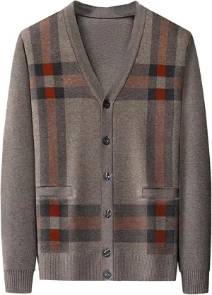Men's Casual Argyle Cardigan Sweaters Button Up Wool Blend Jacket V Neck Soft Knitted Plaid Pockets Sweaters