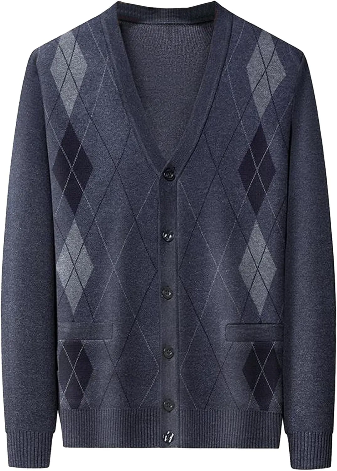 Men's Casual Argyle Cardigan Sweaters Button Up Wool Blend Jacket V Neck Soft Knitted Plaid Pockets Sweaters