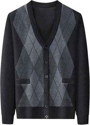 Men's Casual Argyle Cardigan Sweaters Button Up Wool Blend Jacket V Neck Soft Knitted Plaid Pockets Sweaters