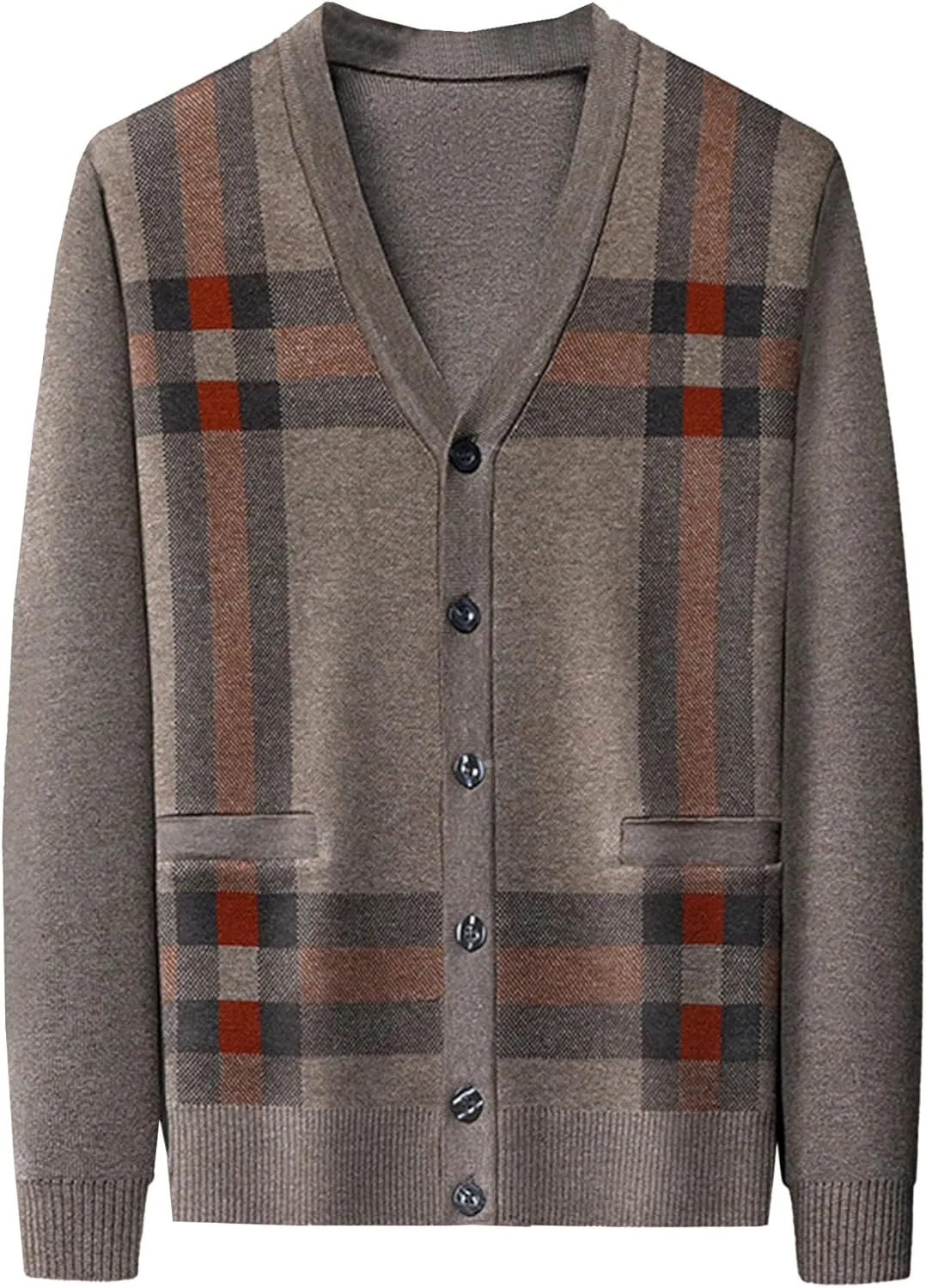 Men's Casual Argyle Cardigan Sweaters Button Up Wool Blend Jacket V Neck Soft Knitted Plaid Pockets Sweaters