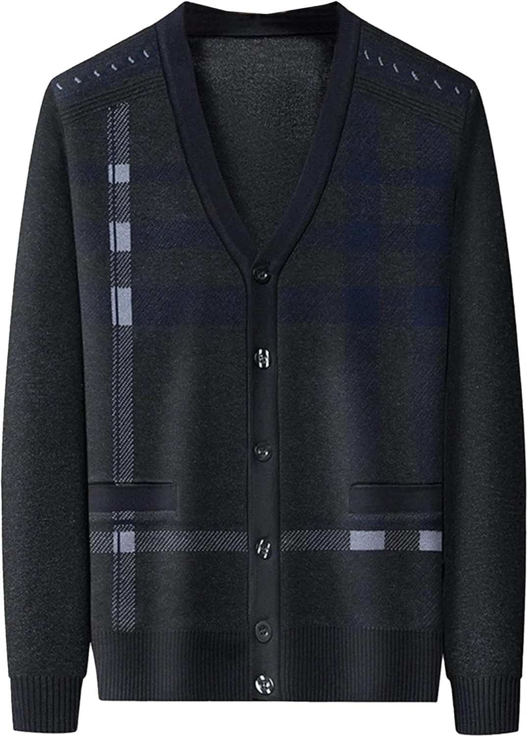 Men's Casual Argyle Cardigan Sweaters Button Up Wool Blend Jacket V Neck Soft Knitted Plaid Pockets Sweaters
