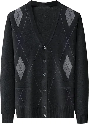 Men's Casual Argyle Cardigan Sweaters Button Up Wool Blend Jacket V Neck Soft Knitted Plaid Pockets Sweaters