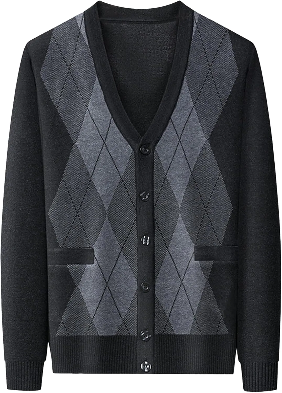 Men's Casual Argyle Cardigan Sweaters Button Up Wool Blend Jacket V Neck Soft Knitted Plaid Pockets Sweaters