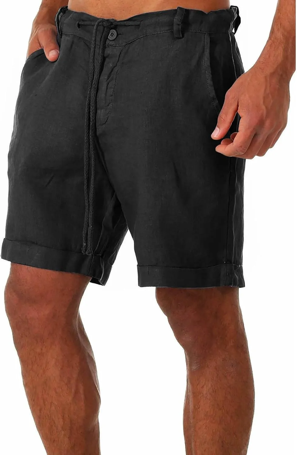 Men's Casual Cotton Linen Shorts Lanyard Casual Shorts Classic-Fit Stretch Golf Shorts Beach Summer Shorts
