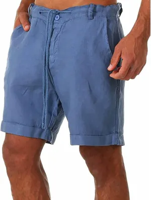 Men's Casual Cotton Linen Shorts Lanyard Casual Shorts Classic-Fit Stretch Golf Shorts Beach Summer Shorts