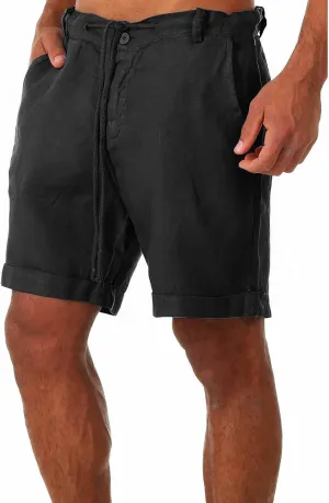 Men's Casual Cotton Linen Shorts Lanyard Casual Shorts Classic-Fit Stretch Golf Shorts Beach Summer Shorts