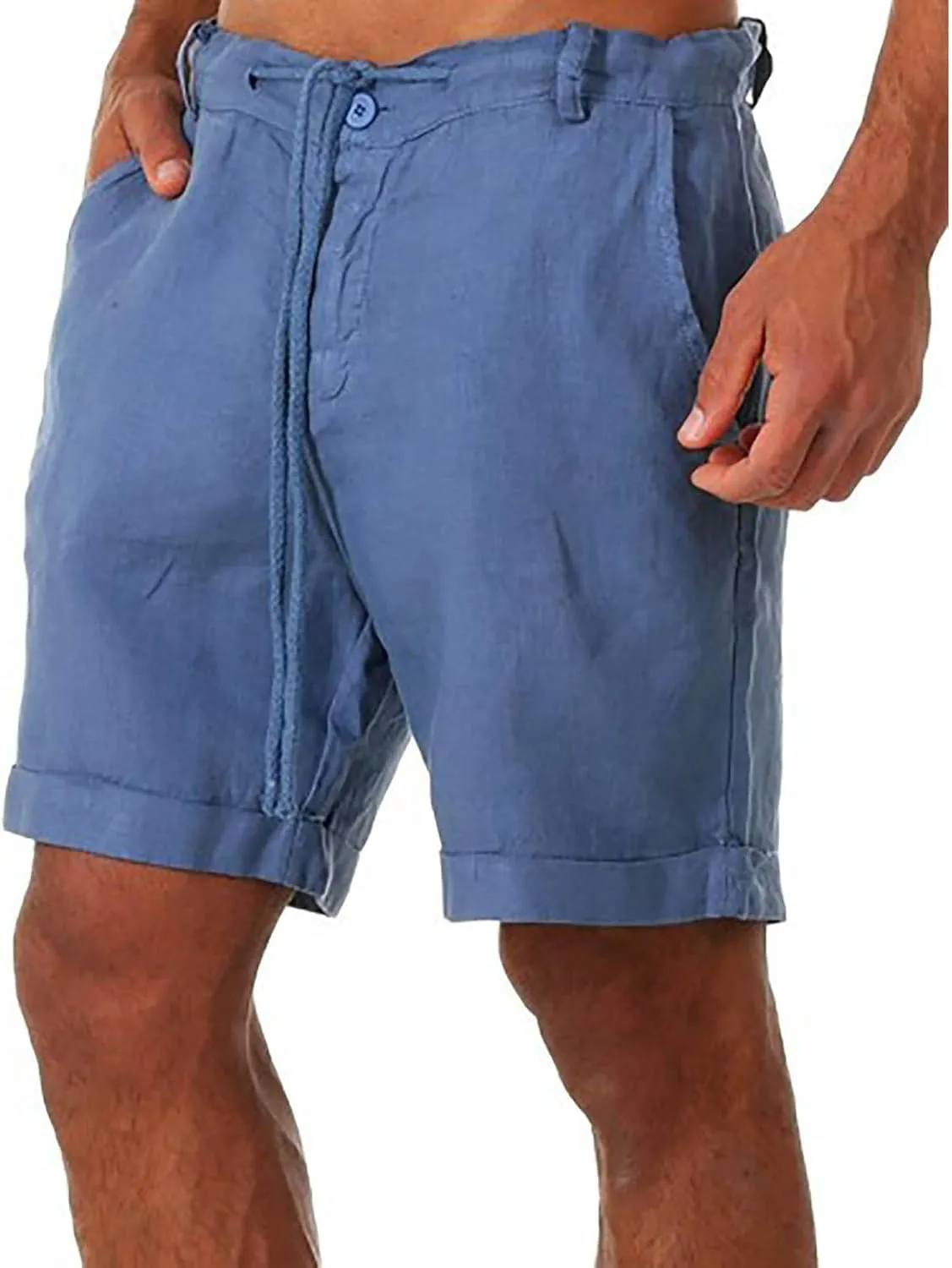 Men's Casual Cotton Linen Shorts Lanyard Casual Shorts Classic-Fit Stretch Golf Shorts Beach Summer Shorts